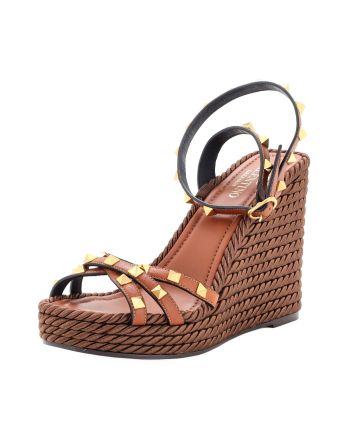 Women's Rockstud Caged Wedge Sandals Leather with Rope Detail